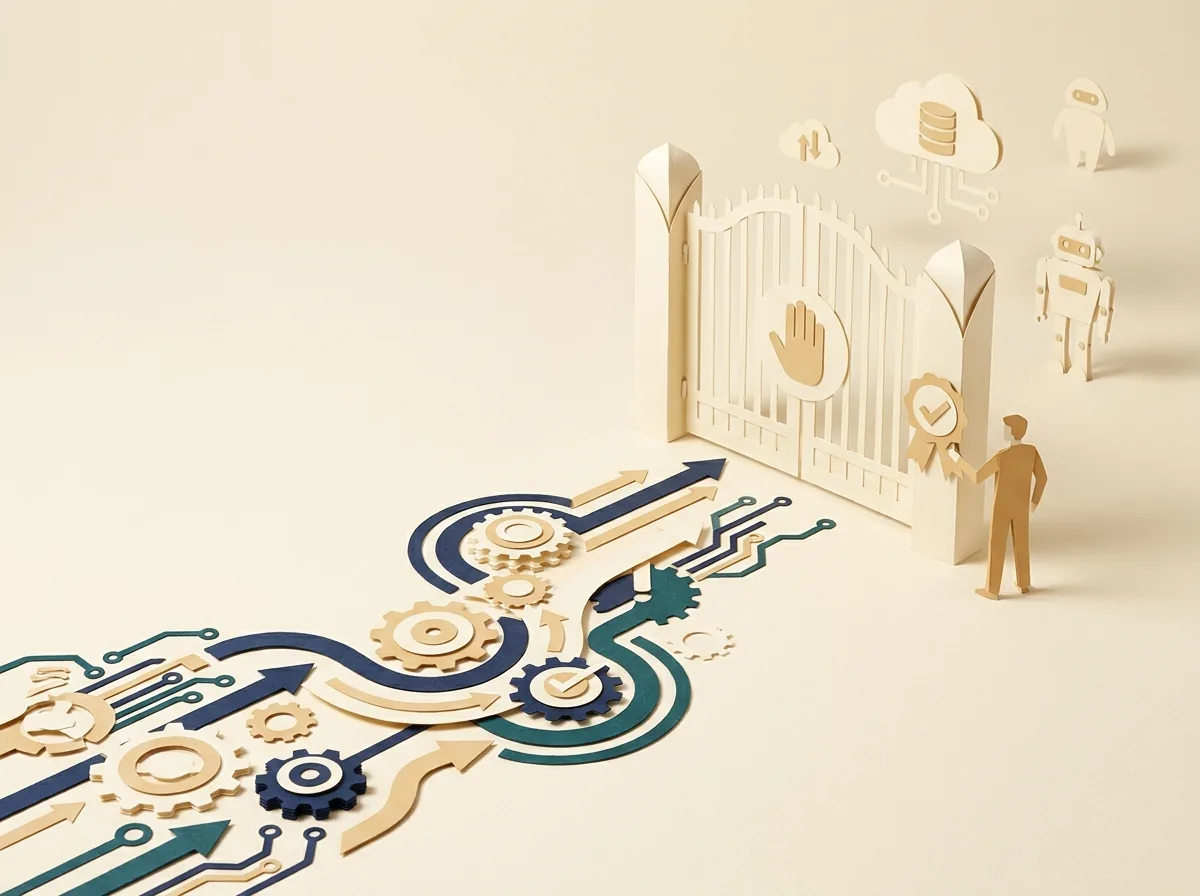 An automation path approaches a human approval gate.