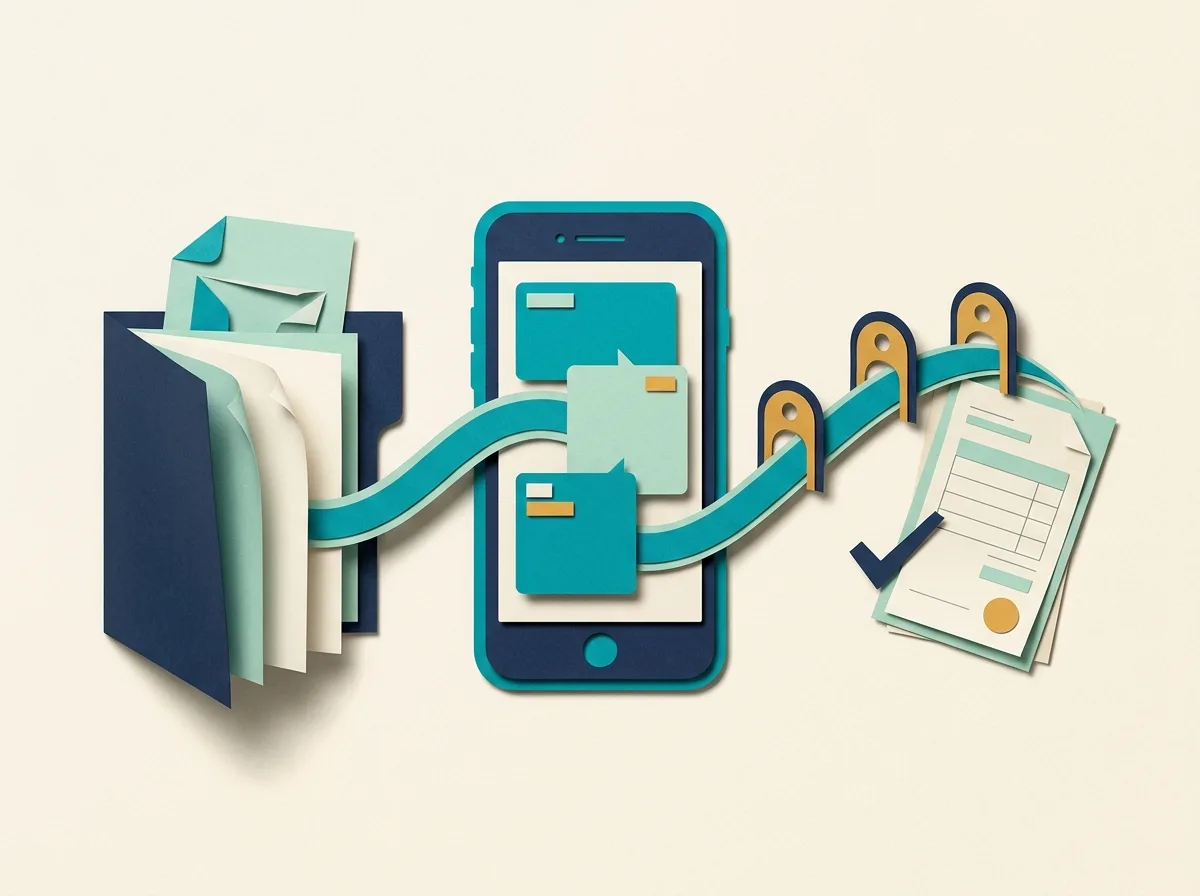 A paper smartphone, client folder and invoice connected by a teal ribbon passing through milestone gates