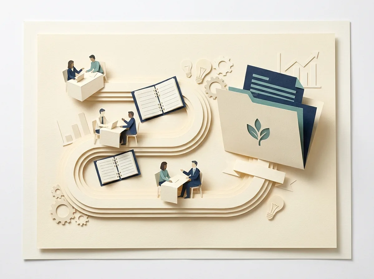 Coaching calendars and client folders connected along a winding business roadmap.