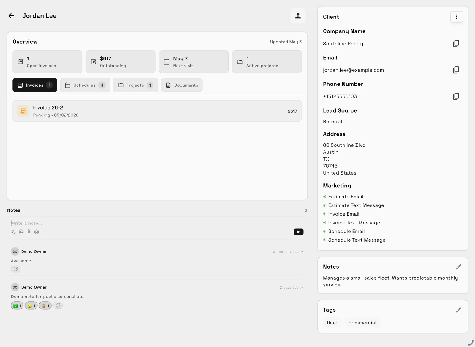 Workspace369 demo client profile with projects, invoices and documents tabs