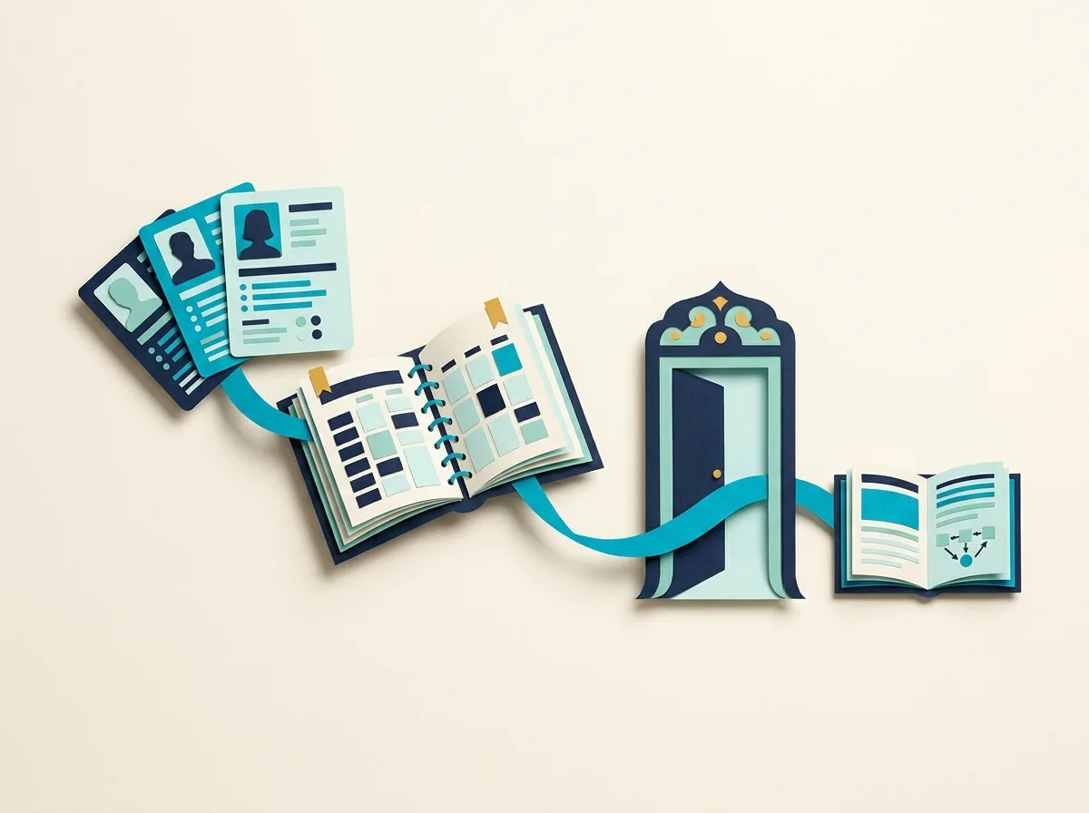 Learner profile cards connect through an appointment planner and doorway to an open lesson book