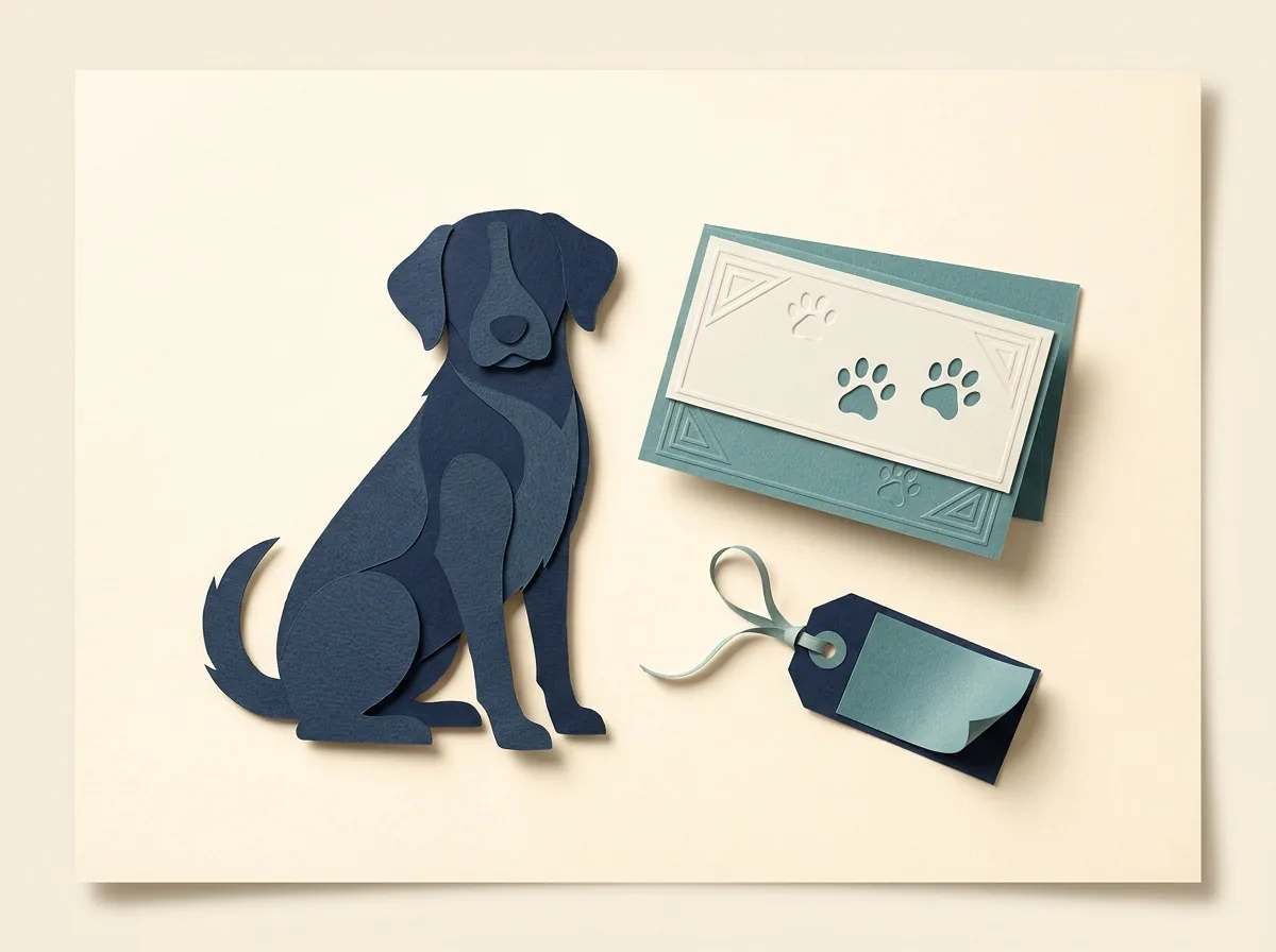 A dog beside appointment cards and a grooming tag.