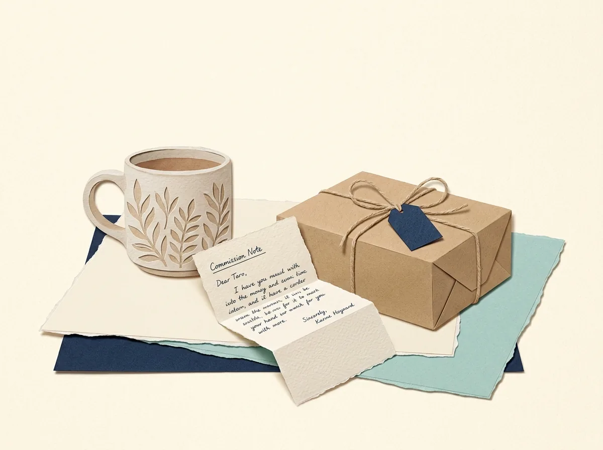 A handmade mug, wrapped parcel and handwritten order note.