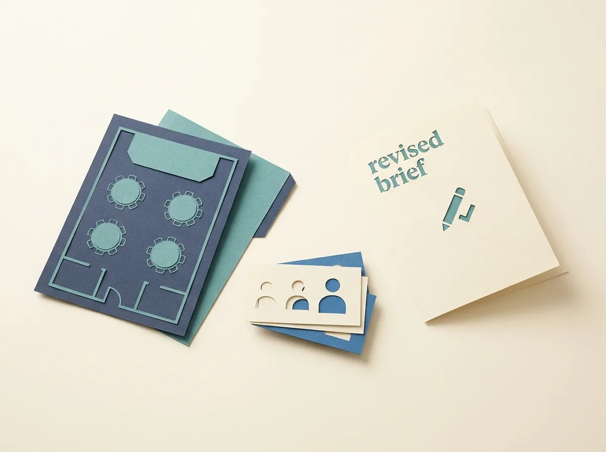 An event floor plan, guest card and revised brief.