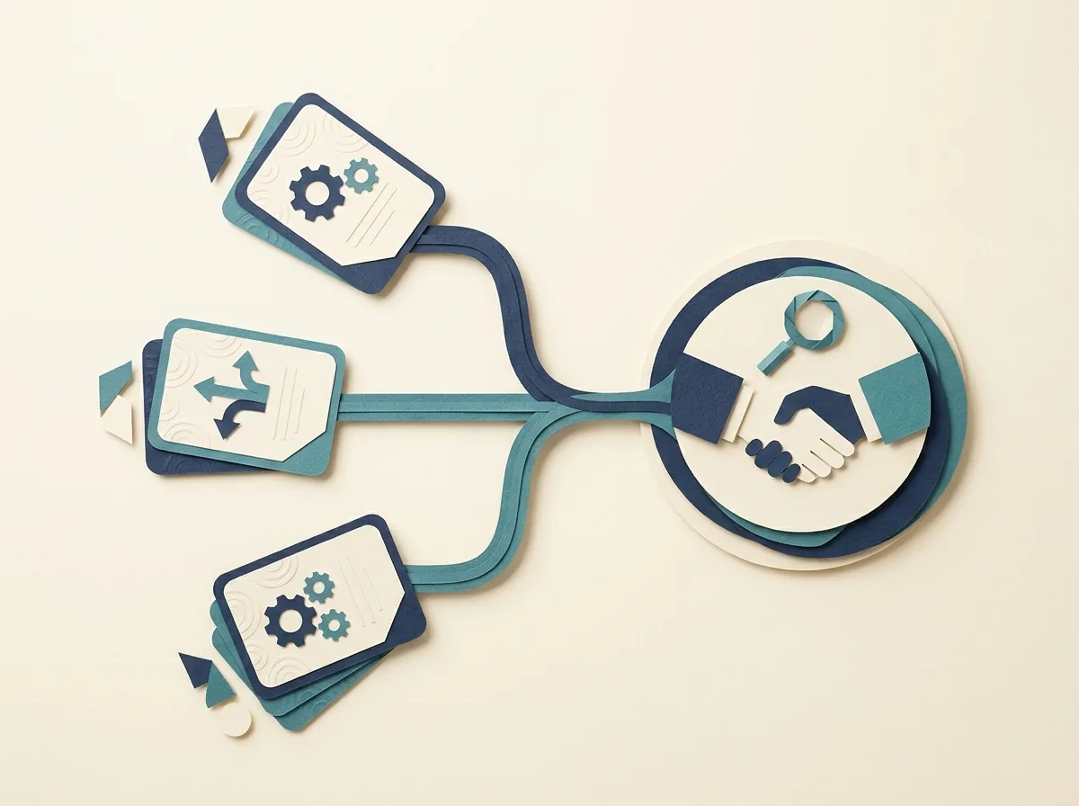 Three experiment cards connect to a circular client decision symbol.