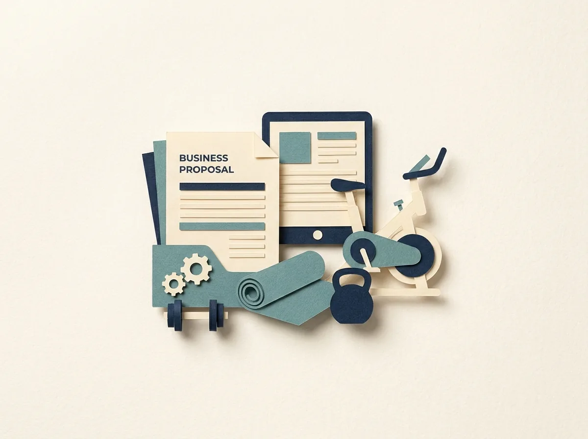 A business proposal and client folder beside gym equipment.