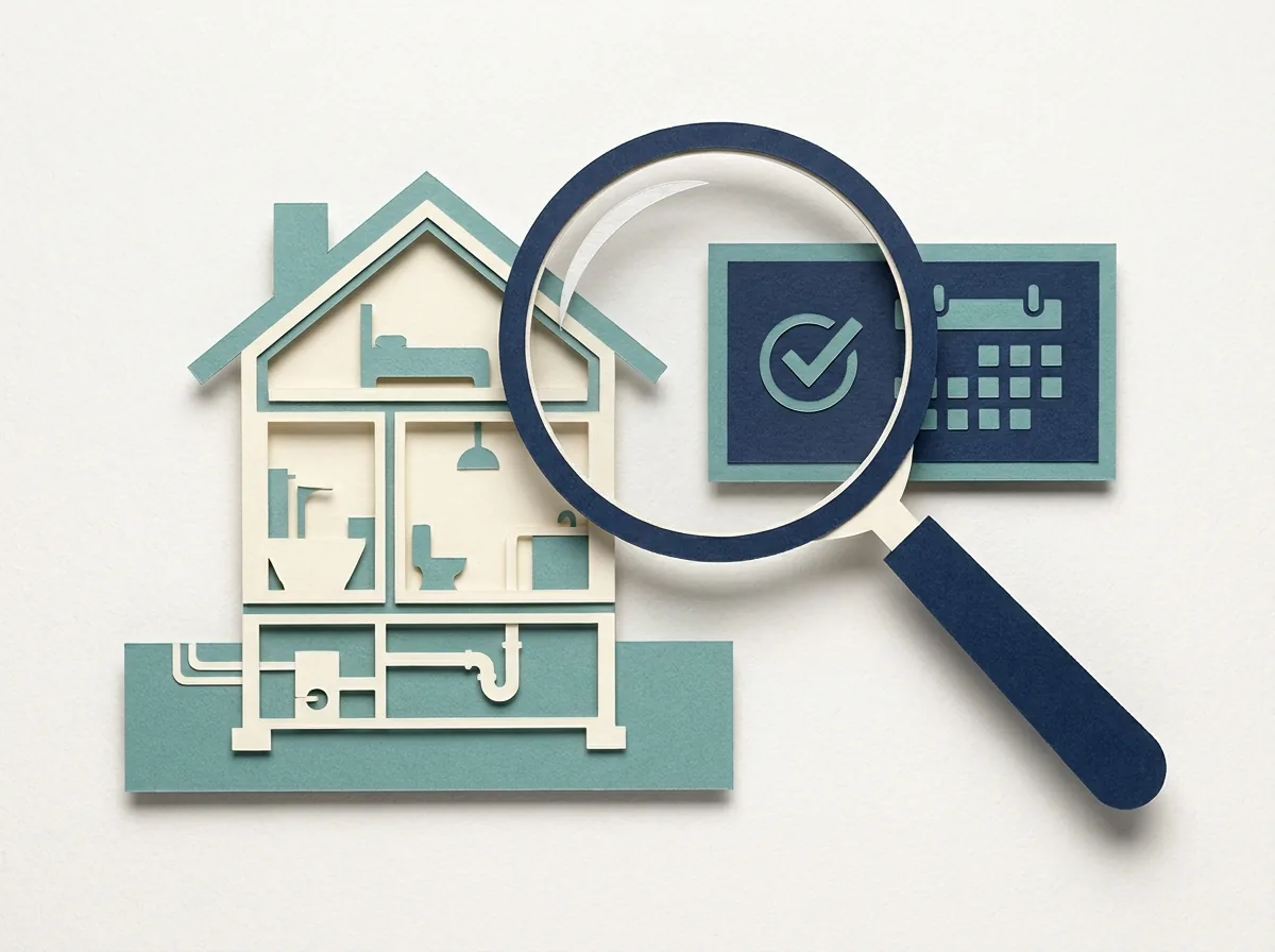 A magnifying glass over a home floor plan, check mark and calendar.