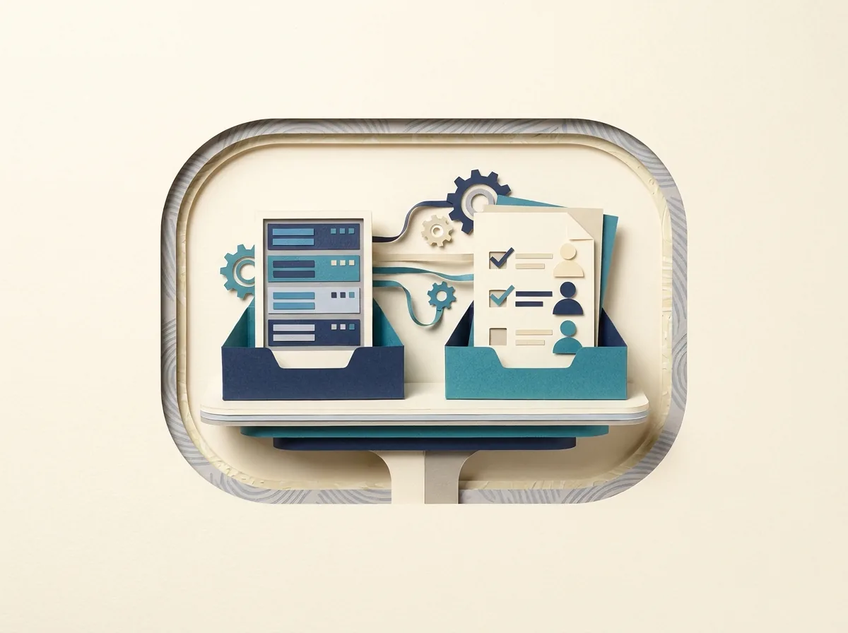 A server card and a client onboarding checklist sit in separate trays.