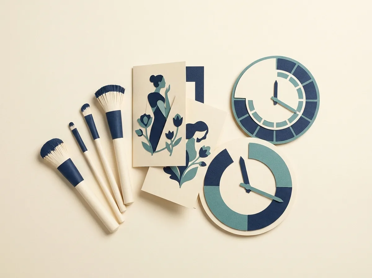 Makeup brushes, inspiration cards and clocks.