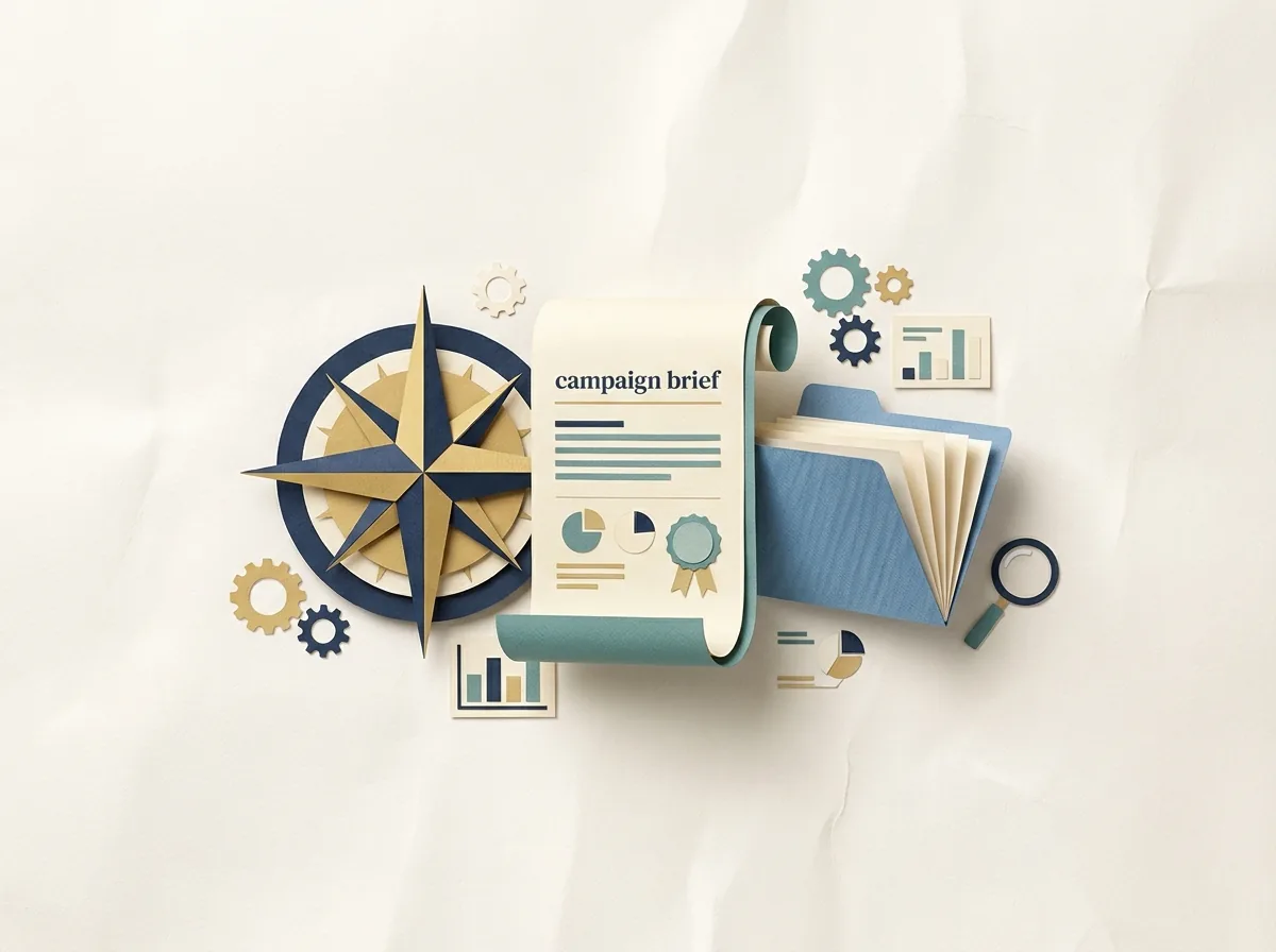 A strategy compass beside a campaign brief and scope documents.