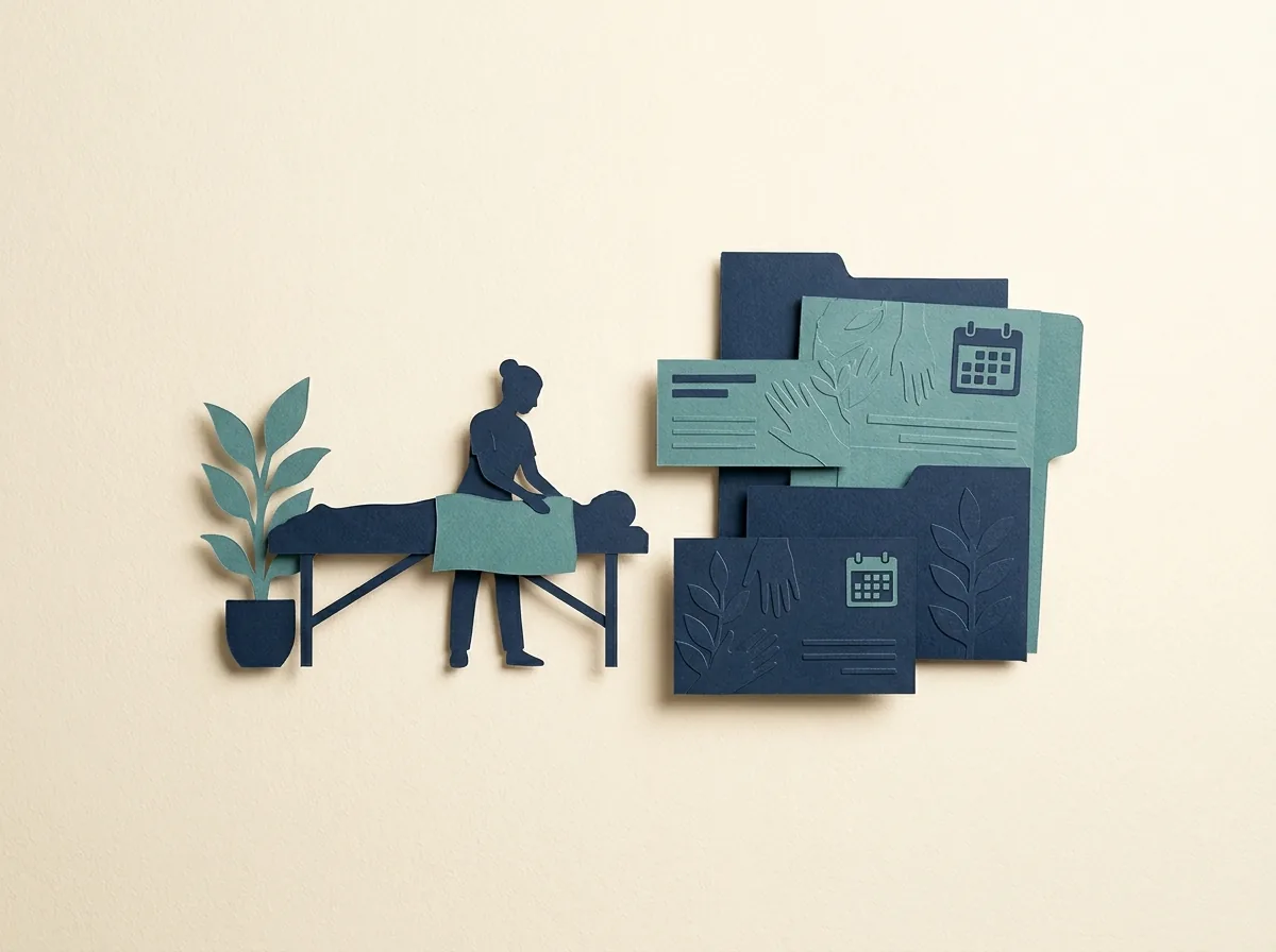 An illustrated massage table beside scheduling cards and folders.
