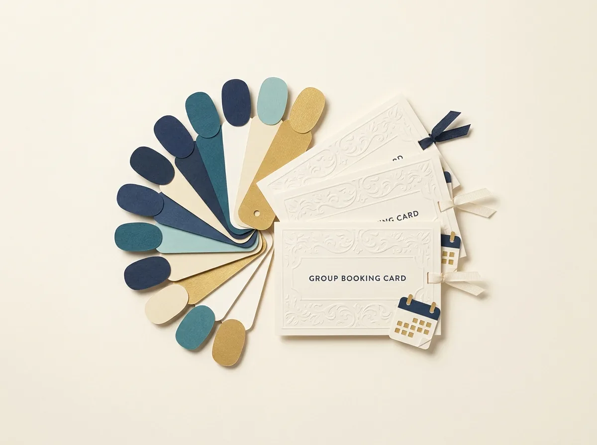 Nail color samples beside group booking cards.