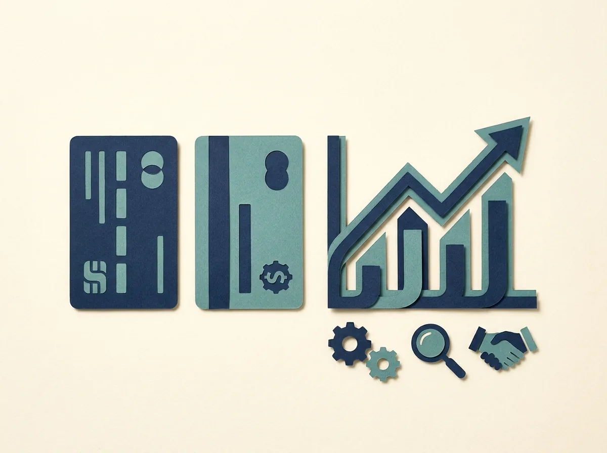 Two fee cards stand beside a rising chart and small decision-making symbols.