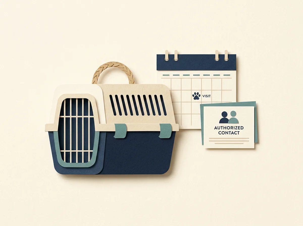 A pet carrier beside a visit calendar and authorized-contact card.