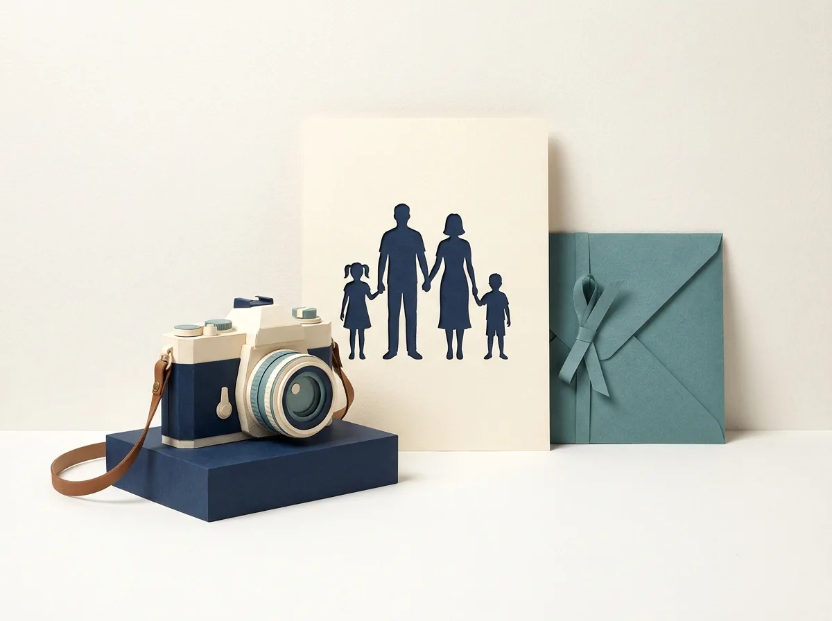 A camera sits beside a family portrait card and a tied print envelope.