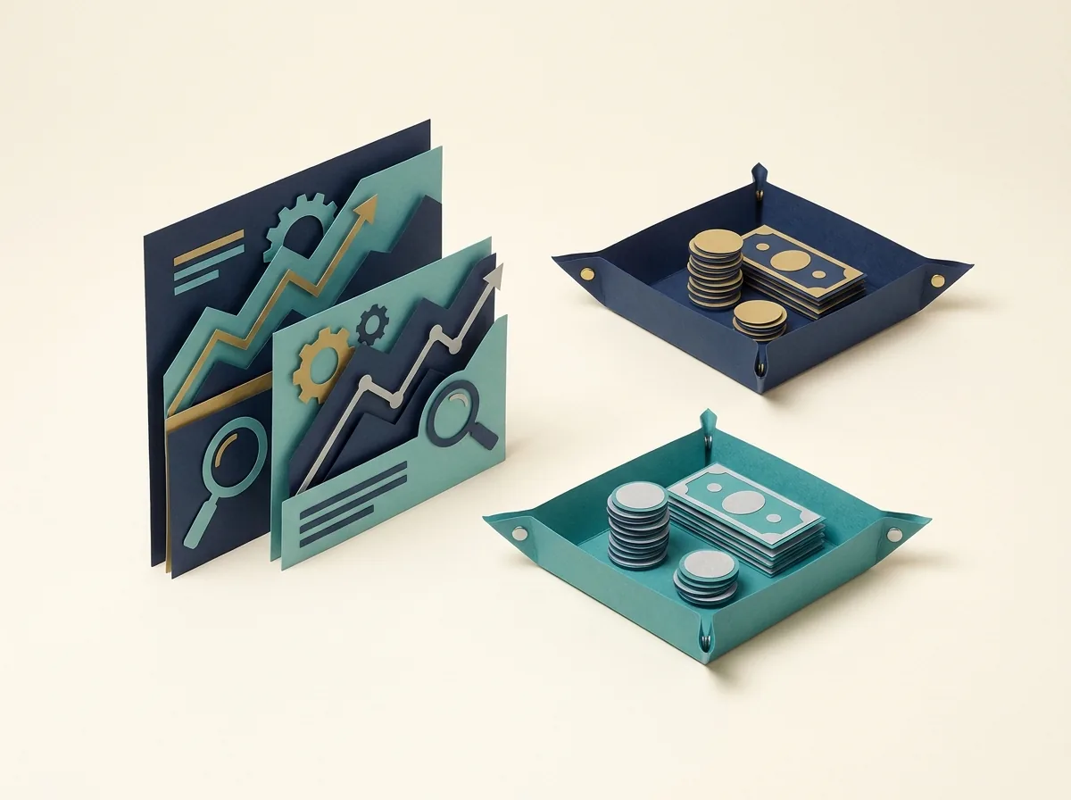Campaign chart cards stand beside two separate trays of coins and notes.