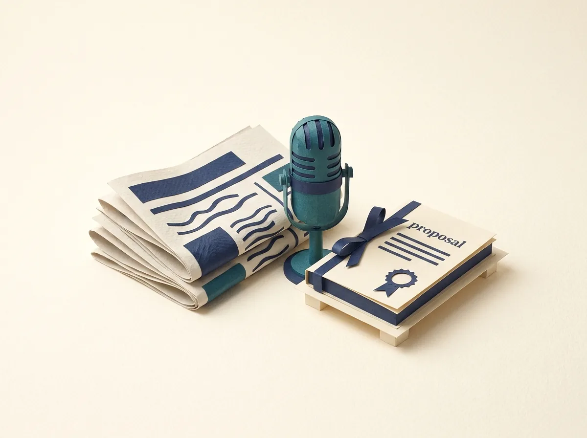 A microphone sits beside a stack of newspapers and a proposal booklet.