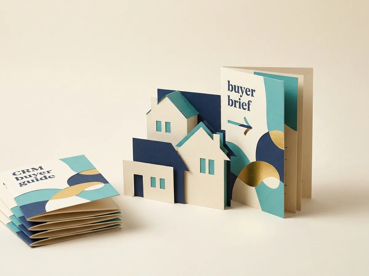 Miniature houses beside a buyer brief and listing folders.