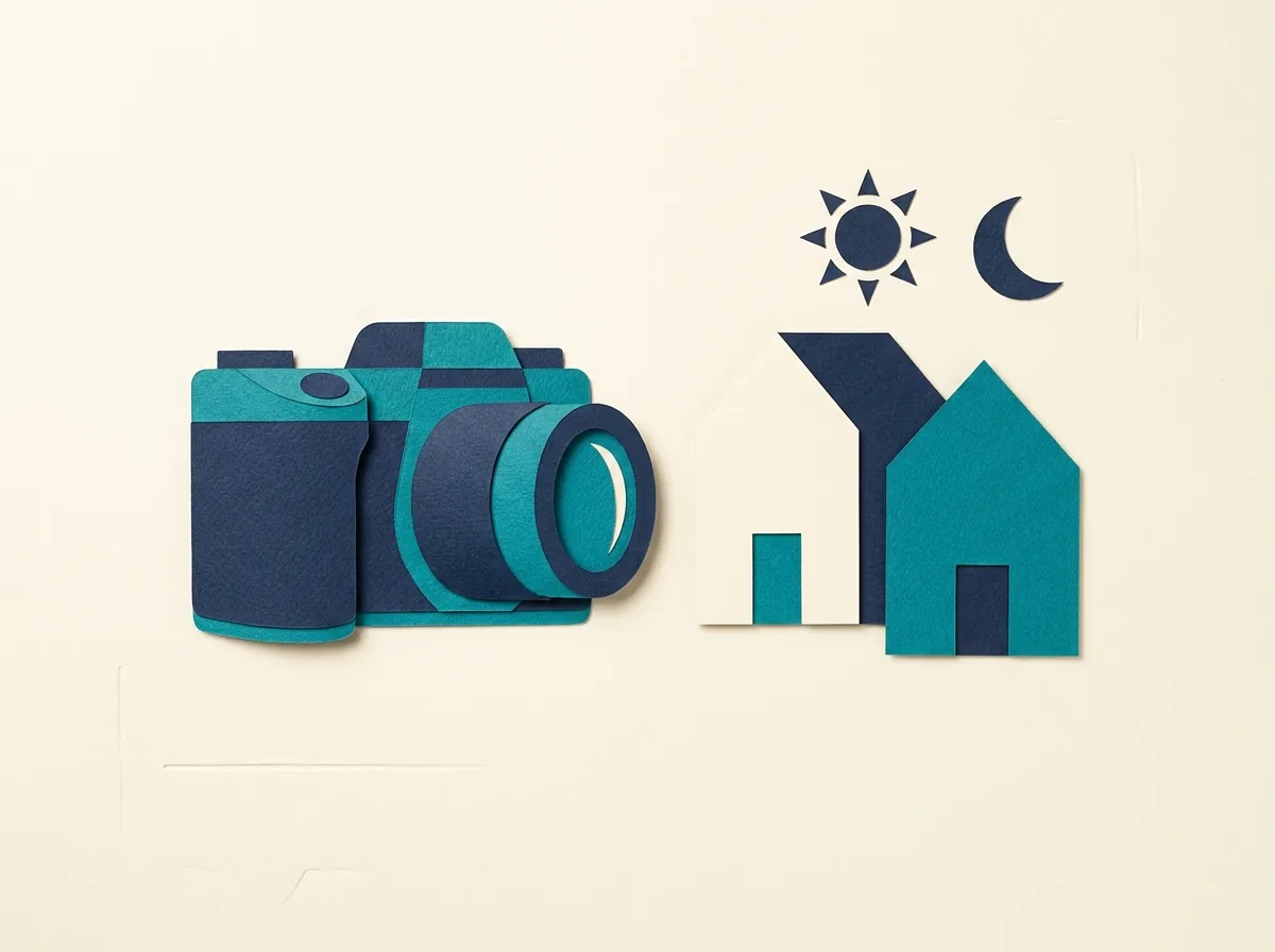 A camera beside house silhouettes, a sun and a crescent moon.