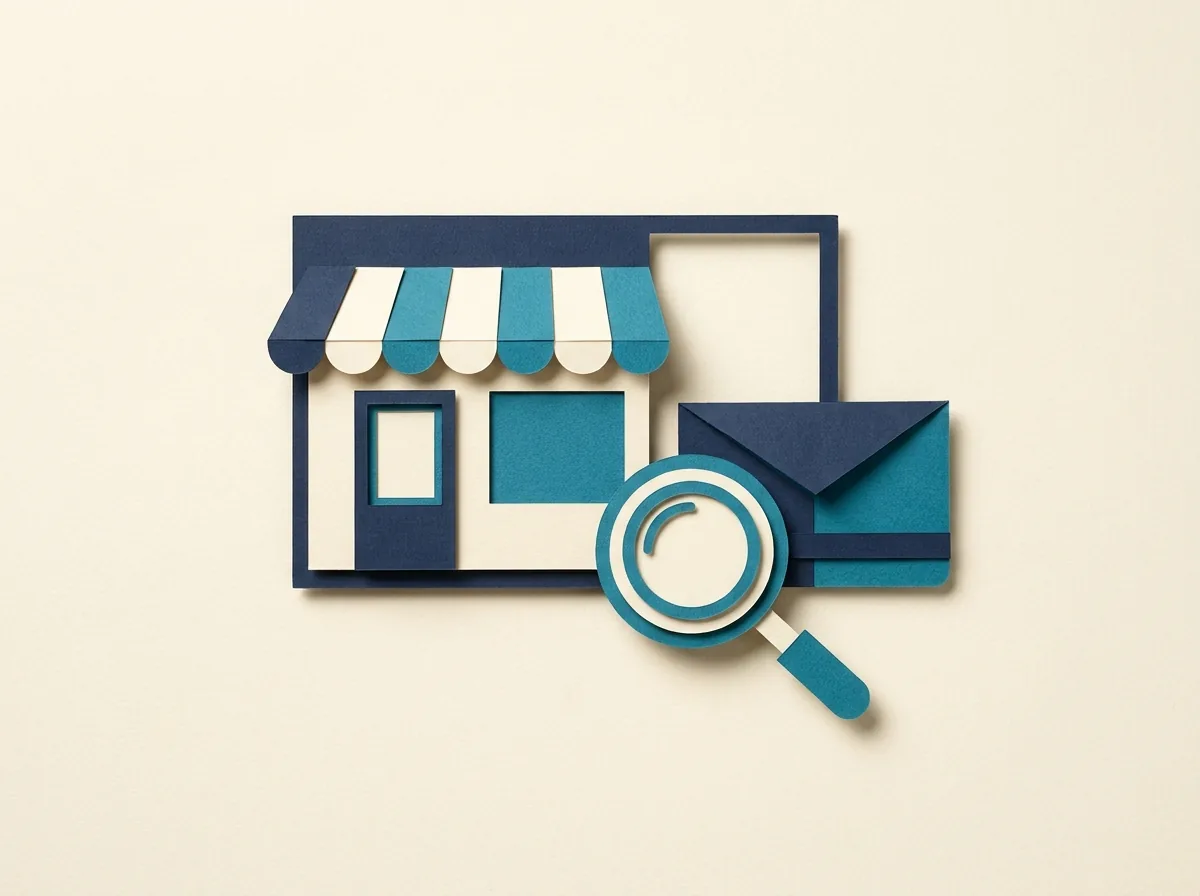 A paper storefront beside an envelope and a magnifying glass.
