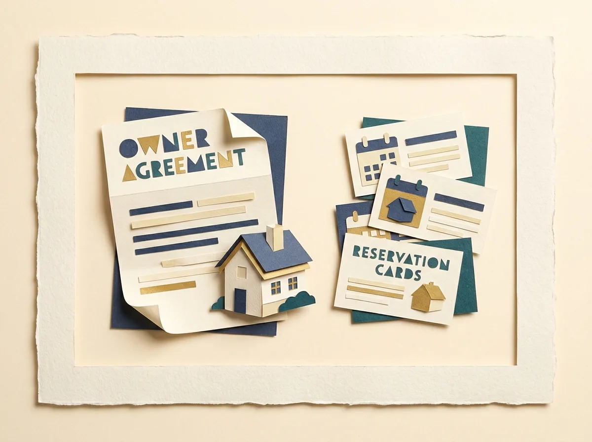 A rental agreement and reservation cards beside a miniature house.