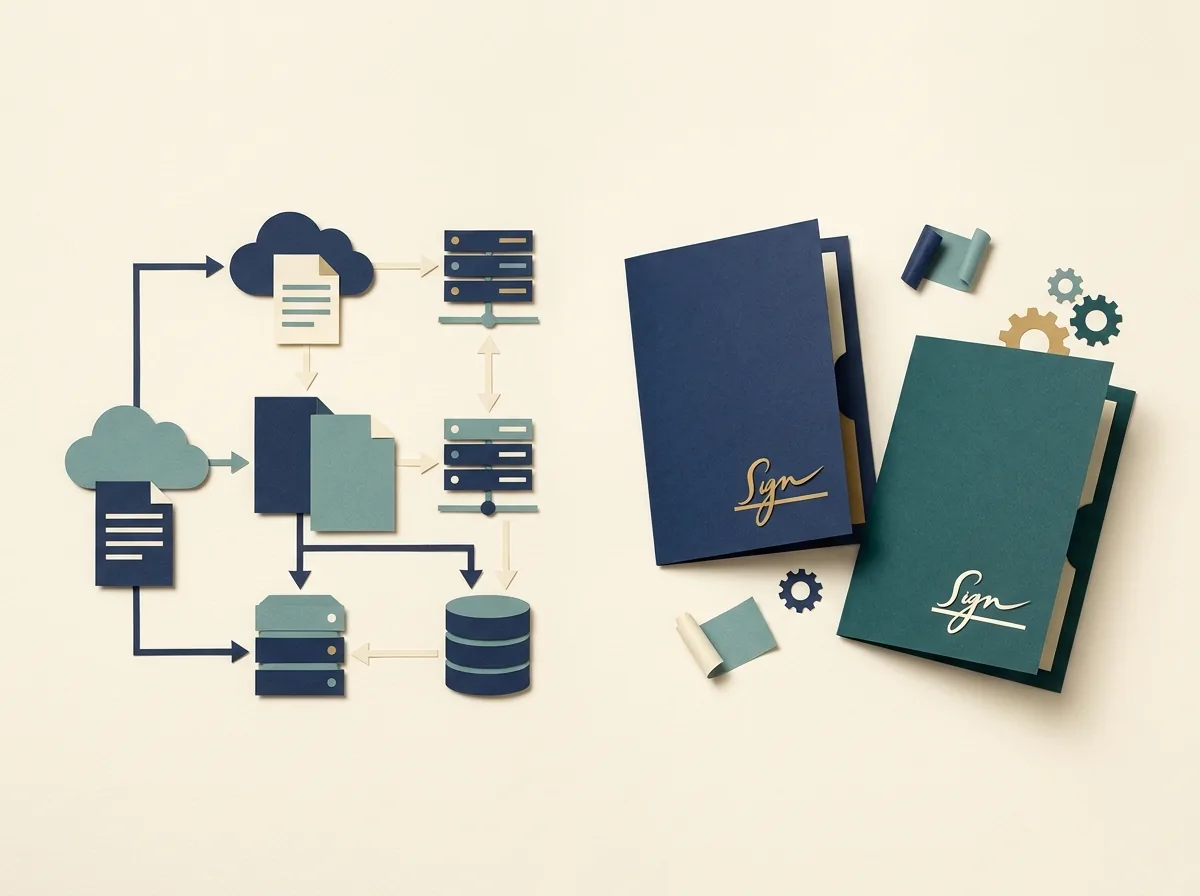 A software architecture diagram beside two separately signed client folders.