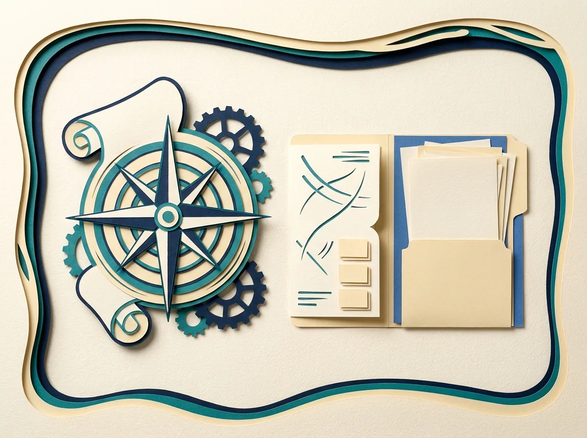 A tattoo design motif beside a project checklist and folder.