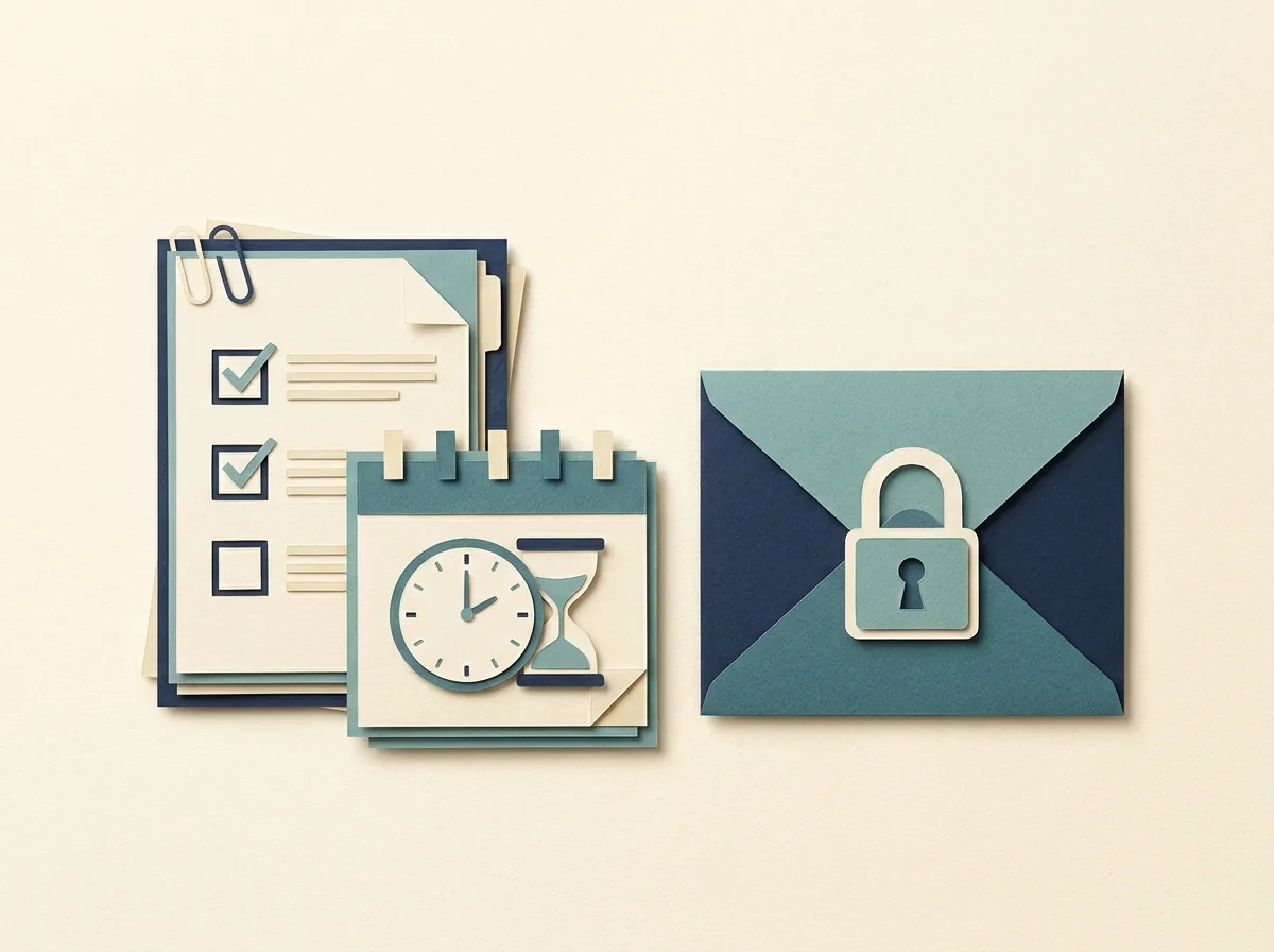 A document checklist beside a deadline calendar and a locked folder.