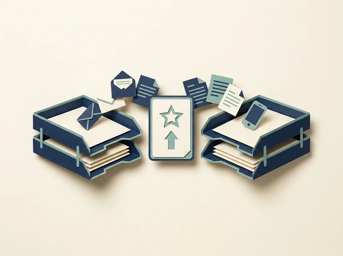 Two task trays converge on a central priority card.
