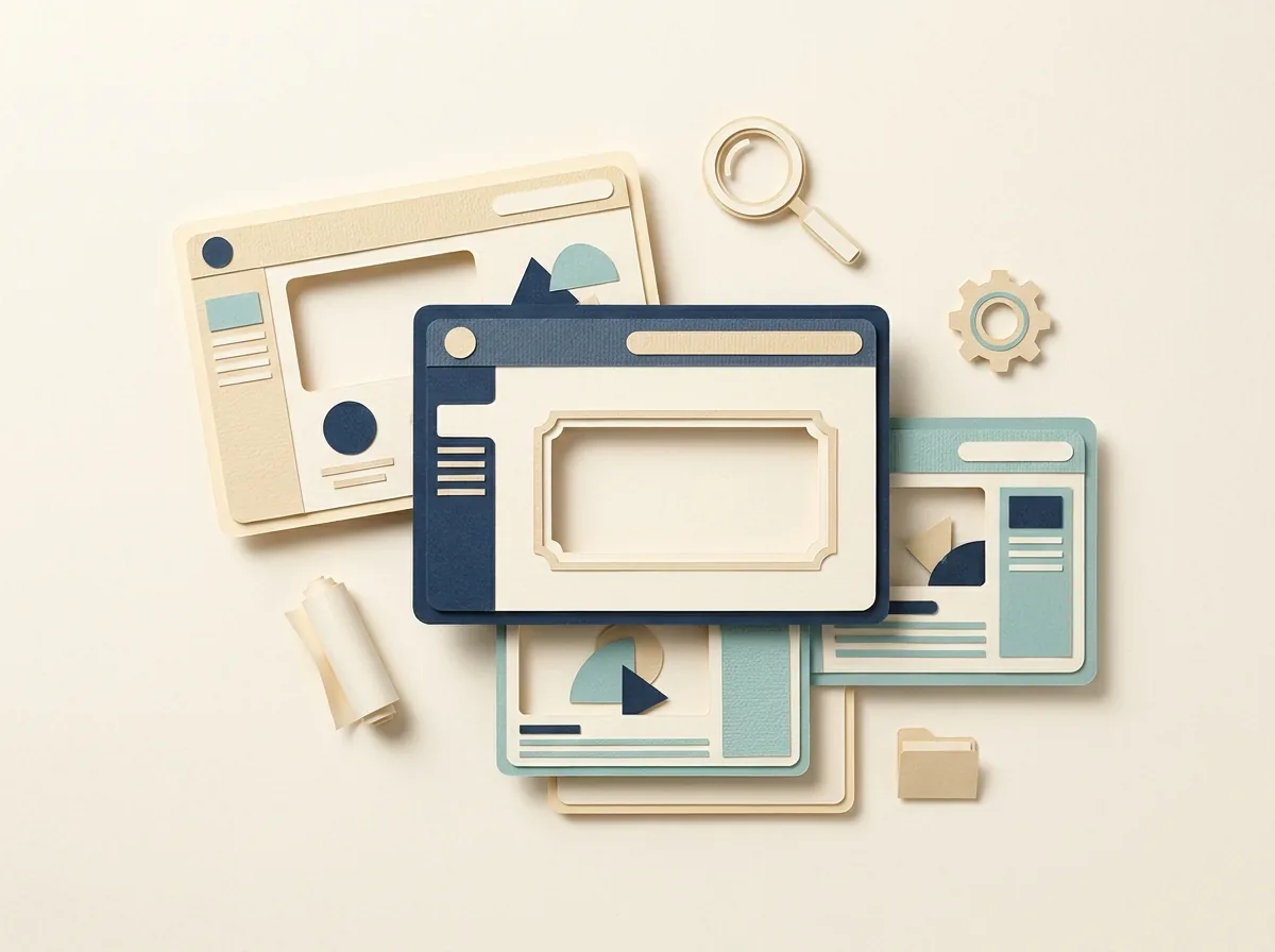 Website layout cards with a prominent empty content slot and design tools.