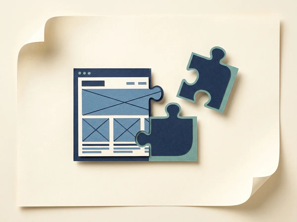 A website wireframe with a detachable integration puzzle piece.