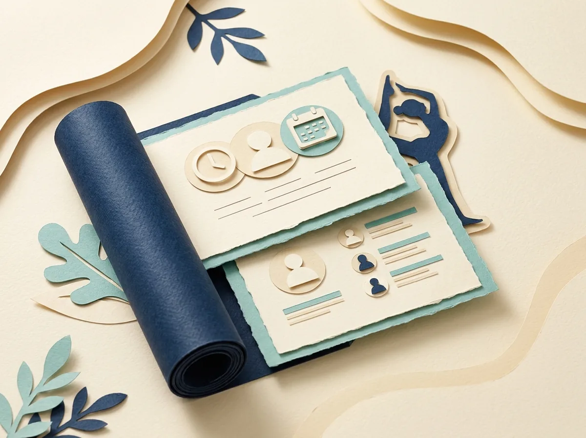 A rolled yoga mat beside appointment and class cards.